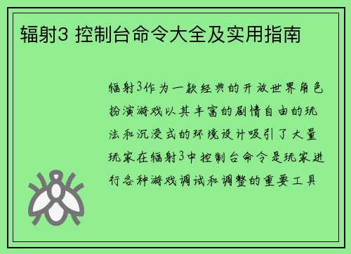 辐射3 控制台命令大全及实用指南