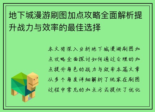 地下城漫游刷图加点攻略全面解析提升战力与效率的最佳选择