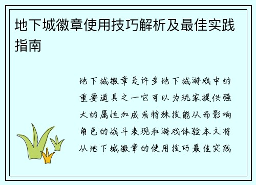 地下城徽章使用技巧解析及最佳实践指南